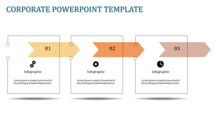 Corporate template with three sequential blocks, each containing a numbered arrow, and infographic icons.