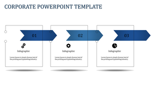 Infographic slide with three rectangular sections, each linked to a numbered blue arrow and an icon.