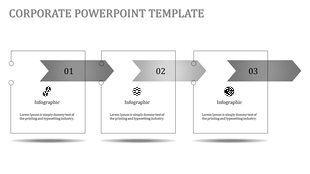 Corporate PPT slide featuring infographic sections with numbers 01, 02, and 03, each containing icons and descriptive text.