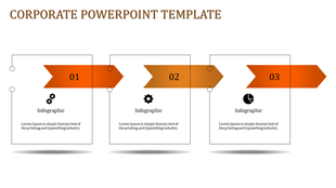 Three step corporate infographic with orange arrow banners pointing to text boxes, each containing an caption areas. 