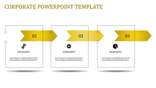 Corporate infographic with three yellow directional arrows pointing to text boxes, each containing an icon and caption areas.