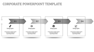 Stepwise infographic template with four sequential gray arrows leading to text blocks containing icons and placeholder text.