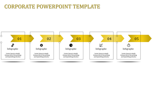 Five step corporate infographic with gold arrow banners numbered 01 to 05, each pointing to a text box with a caption areas.