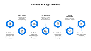 Blue hexagon shaped icons connected, illustrating seven business strategy steps market analysis to marketing strategy.