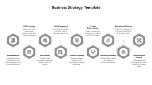 Gray hexagonal elements, illustrating eight key business strategy steps from market analysis to organizational culture.
