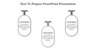 Grey PowerPoint slide showing three sections with placeholders for how to prepare a presentation.