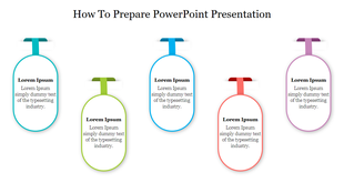 PowerPoint design with five steps on how to prepare a presentation, each with different color sections with placeholder text.