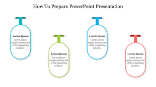 Five hanging oval text boxes with yellow borders and ribbons, under the title How to prepare PowerPoint.