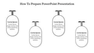 Gray themed PowerPoint slide showing four sections for how to prepare a presentation, each with placeholder text.