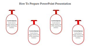 Four hanging oval text boxes with blue, green, and red borders and ribbons under the title How to prepare PowerPoint.