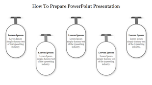 PowerPoint design with five steps on how to prepare a presentation, each with grey color sections with placeholder text.