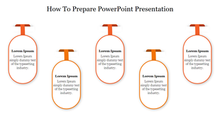 How to prepare PowerPoint showing  five oval boxes with blue borders and ribbons, aligned horizontally under the heading. 
