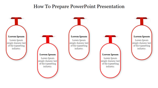 Red themed PowerPoint slide showing five sections for how to prepare a presentation, each labeled with placeholder text.