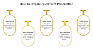 How to prepare PowerPoint showing  five oval boxes with orange borders and ribbons, aligned horizontally under the heading. 