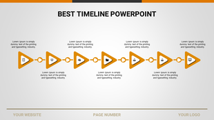 Horizontal layout with seven orange triangular arrows and icons, linked by lines and labeled with placeholder text.