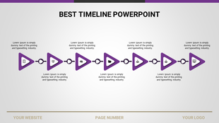 Timeline PowerPoint template featuring steps with purple arrows, icons, and placeholder text for each stage.
