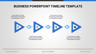 PowerPoint timeline template with blue triangle icons and placeholders for text and visuals.