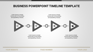 Business timeline template with four gray triangular arrows and icons, each representing different stages of a process.