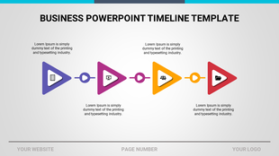 Business timeline slide with purple, pink, yellow, and red triangles, each containing icons with placeholder text.