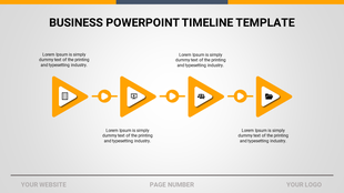 Orange timeline with triangular markers connected by circles, displaying icons and placeholder descriptions.