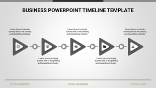 Gray triangular based timeline template with five icons and explanatory text, showing sequential steps in a business process.