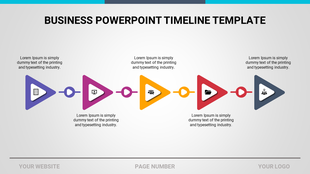 Timeline PowerPoint template with multi color triangle icons with placeholder text.