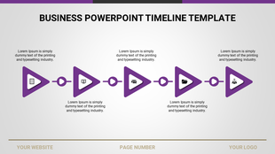 Horizontal timeline with five purple triangle and icons, connected by lines, with placeholder text beneath each step.