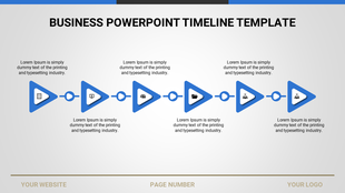 Blue themed timeline with six triangular arrows and text, representing different stages with icons and labels.