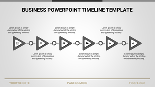 Business timeline PowerPoint template with grey arrows and icons with placeholder text.