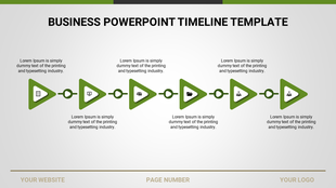Business timeline PowerPoint template with green arrows and icons with placeholder text.