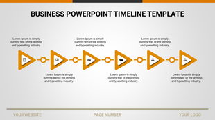 Business timeline template with six orange triangles, each containing an icon and descriptive text along a horizontal line.
