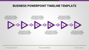 Business timeline PowerPoint template with purple arrows and icons with placeholder text.