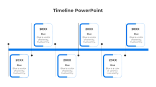 Horizontal blue timeline with six text boxes, evenly spaced above and below the line, connected by thin vertical lines.