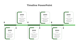 Timeline infographic with six green outlined rectangular boxes, evenly spaced above and below a horizontal bar.