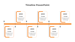 Modern timeline with a central orange line, six square labels with orange accents, and thin vertical markers linking them.
