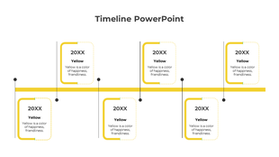 Structured yellow timeline with a horizontal bar, six rectangular text boxes with rounded corners, and thin vertical lines.