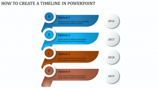 Vertical timeline with four horizontal steps in blue and brown, labeled A to D, connected to years 2016 to 2019 on the right.