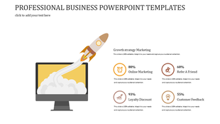 Professional business template featuring a rocket launch and four data points related to marketing and customer engagement.