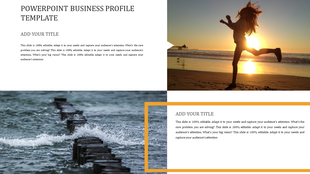 Business profile slide with two images a woman jumping on a beach at sunset and ocean waves crashing against wooden posts.