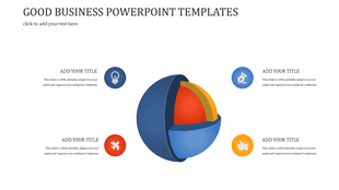 3D segmented sphere infographic with four colored layers, surrounded by four circular icons representing different concepts.