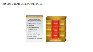 Golden and red 3D cube illustration displaying business framework components, categorizing elements in a structured model.