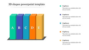 3D rectangular bars labeled A to E in green, blue, teal, orange, and yellow, with matching captions on the right.