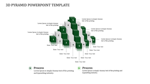 3D pyramid structure in green and gray blocks numbered from 1 to 9, with text placeholders on each side.