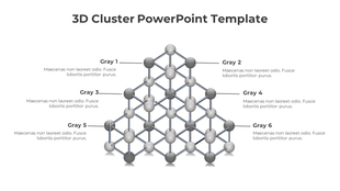 Abstract 3D molecular structure with gray spheres forming a pyramid, annotated with six labels and placeholder text.