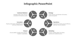 Infographic template showcasing six business topics, including strategy and finance, in a clean, gray themed layout.