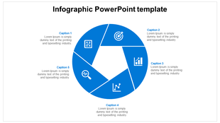 Circular infographic template with five blue segments forming a star, each containing business icons with caption areas.