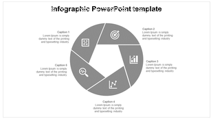 Gray themed infographic template with five parts, arranged in a circle with icons and text placeholders.