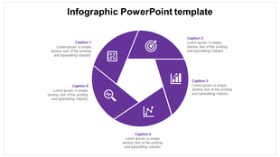 Purple circular diagram template divided into five segments with business analytics icons and surrounding text caption areas.