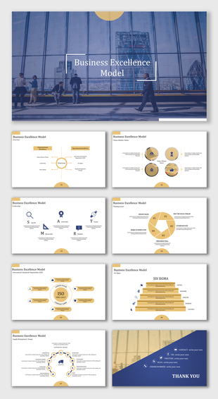 Business excellence model slide deck with a blue and gold theme, featuring strategies, values, and process improvement.