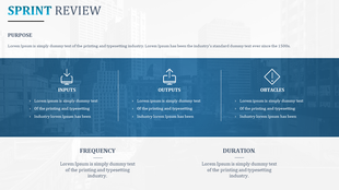 Sprint review slide with sections for inputs, outputs, and obstacles, set against a blue toned cityscape background.